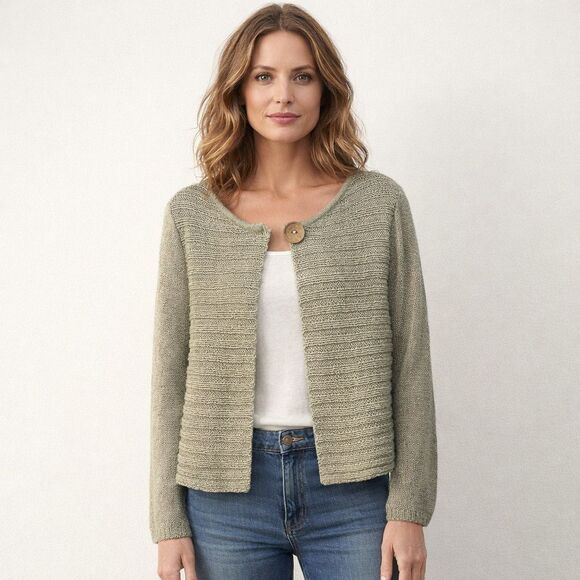 Chico's Sweaters - Chicos Cardigan Sweater Womens 3 Green One Button Open Front Textured Knit
